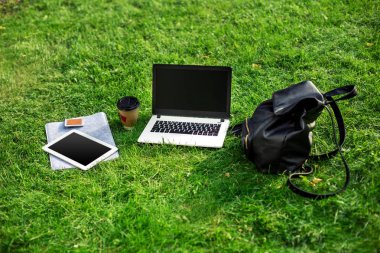Kahve fincanı, çanta ve açık park tablet ile yeşil çimenlerin üzerinde dizüstü bilgisayar