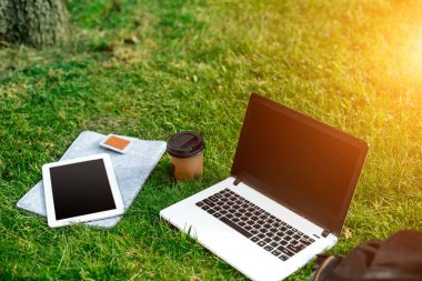 Kahve fincanı, çanta ve açık park tablet ile yeşil çimenlerin üzerinde dizüstü bilgisayar