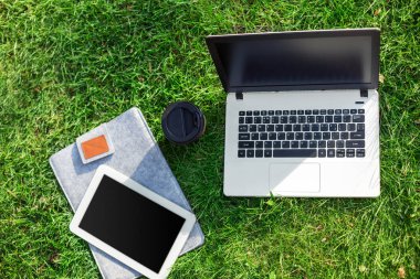 Dizüstü bilgisayar ile kahve fincanı ve açık park tablet yeşil çimenlerin üzerinde