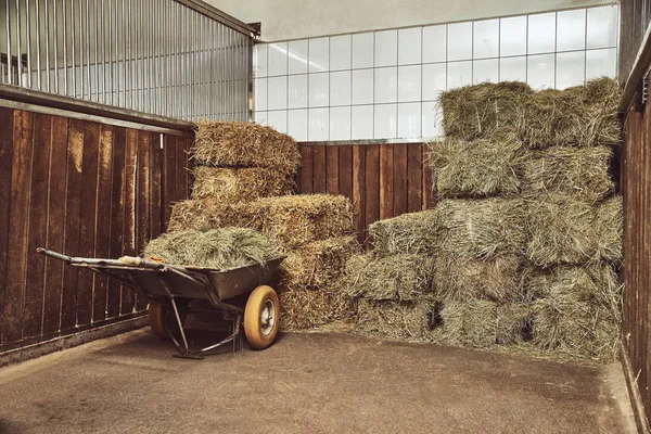 Dry hay stacks in rural wooden barn interior — Stock Photo, Image