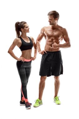 Kadın ve adam Studio beyaz arka plan üzerinde genç sporcuların Çift