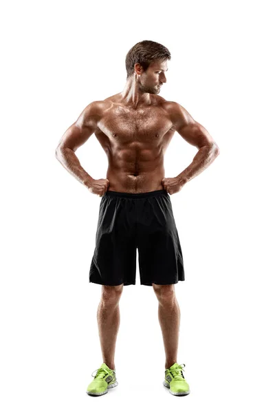 Portrait jeune homme sexy beau de corps d'athlètes forts avec torse nu. Poser sur fond de studio blanc — Photo