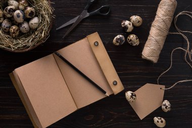 Bıldırcın yumurta yuvada ahşap rustik arka plan üstten görünüm üzerinde metin için yer yakın çekim