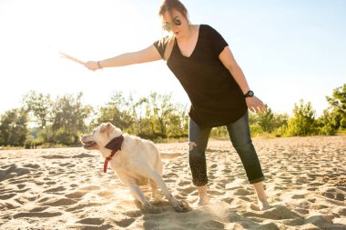 Güneş gözlüğü ile golden retriever köpek kum plajı üzerinde oturan genç güzel kadın portresi. Köpek deniz ile kız.