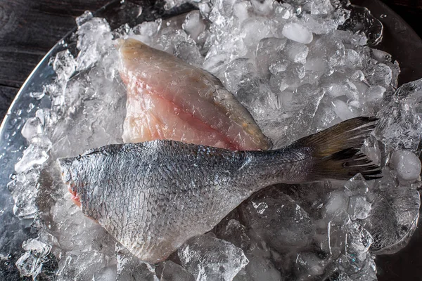 Seafood matlagning förberedelse. Ovanifrån av dorado filé på is. — Stockfoto