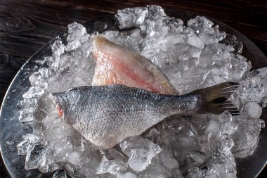 Deniz ürünleri yemek hazırlama. Dorado fileto üstten görünüm buz üstünde.