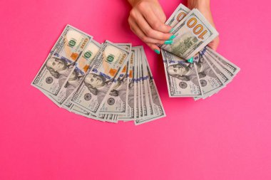 Bir kadın para onun elinde tutuyor. Pembe bir arka plan. Üstten Görünüm kopya alanı.