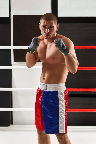 Boxer em luvas azuis aquecendo no ringue — Fotografia de Stock