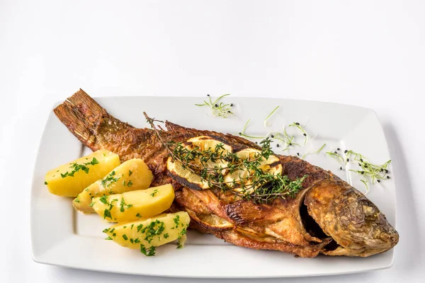 Gegrilde karper vissen met rozemarijn aardappelen en citroen, close-up — Stockfoto