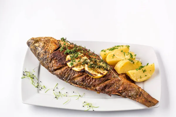 레몬, 로즈마리 감자와 구운된 잉어 물고기를 닫습니다.