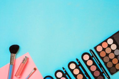 Çeşitli kozmetik ve mavi arka plan üzerinde fırçalar
