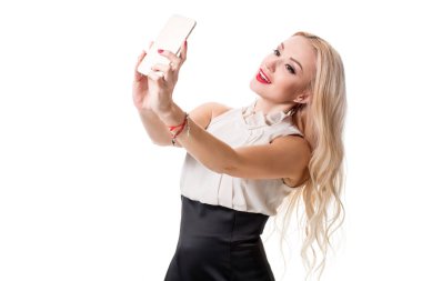 selfie izole beyaz zemin üzerine yapıyor sarışın