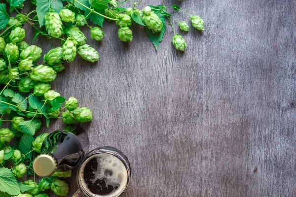 Cerveza de botella y vidrio con ingredientes de elaboración de cerveza. Hop flor con trigo. Vista superior . — Foto de Stock
