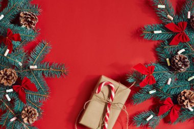 Köknar şube ve hediye kutu kırmızı zemin üzerine