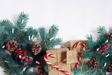 Noel ve yeni yıl arka plan: kürk-ağacı, dalları, hediyeler, beyaz bir arka plan dekorasyon