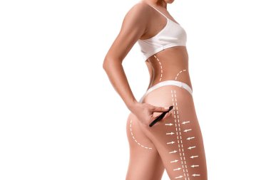Bunun üzerine beyaz izole çizim okları ile kadın bedeni. yağ kaybetmek, liposuction ve selülit Temizleme kavramı.