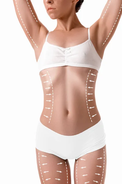 Kobiecego ciała z rysunku strzałkami na to na białym tle. stracić tłuszczu, odsysanie tłuszczu i cellulitu usuwanie koncepcja. — Zdjęcie stockowe