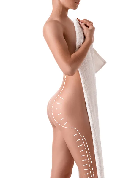 Kvinde krop med tegning pile på det isoleret på hvid. Fedt tabe, fedtsugning og cellulite fjernelse koncept . - Stock-foto