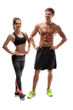 Kadın ve adam Studio beyaz arka plan üzerinde genç sporcuların Çift