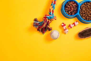 Toys -multi coloured rope, ball and dry food. Accessories for play on yellow background top view clipart