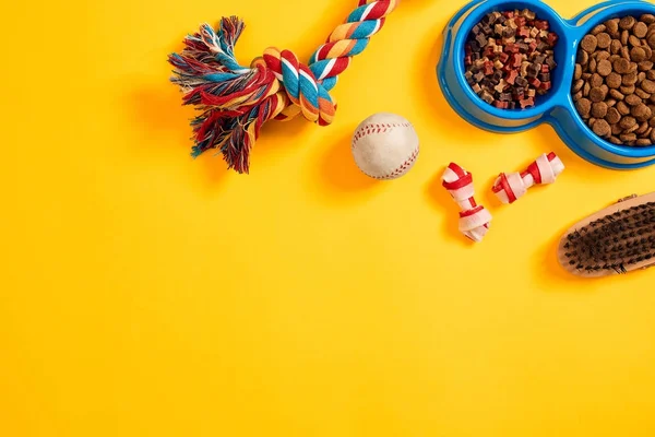 Speelgoed - multi gekleurd touw, bal en droge voeding. Accessoires voor spelen op gele achtergrond bovenaanzicht — Stockfoto