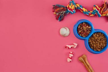 Oyuncaklar - çok renkli ip, top, Kuru gıda ve kemik. Pembe arka plan üstten görünüm üzerinde oynamak için aksesuarlar