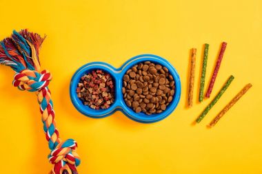Köpek maması mavi kase ve Sarı zemin üzerine aksesuarlar