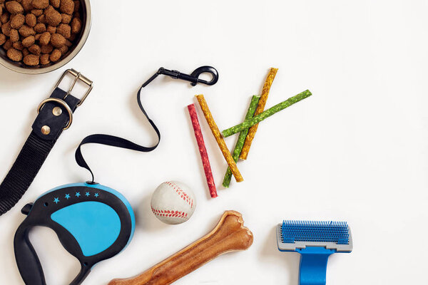 Корм для собак в металлической миске и аксессуары на белом фоне
