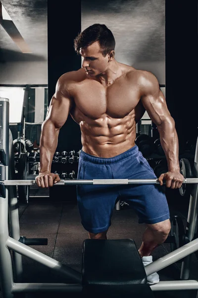 Handsome power athletic man on diet training pumping up muscles with dumbbell and barbell. Strong bodybuilder, perfect abs, shoulders, biceps, triceps and chest — Stock Photo, Image