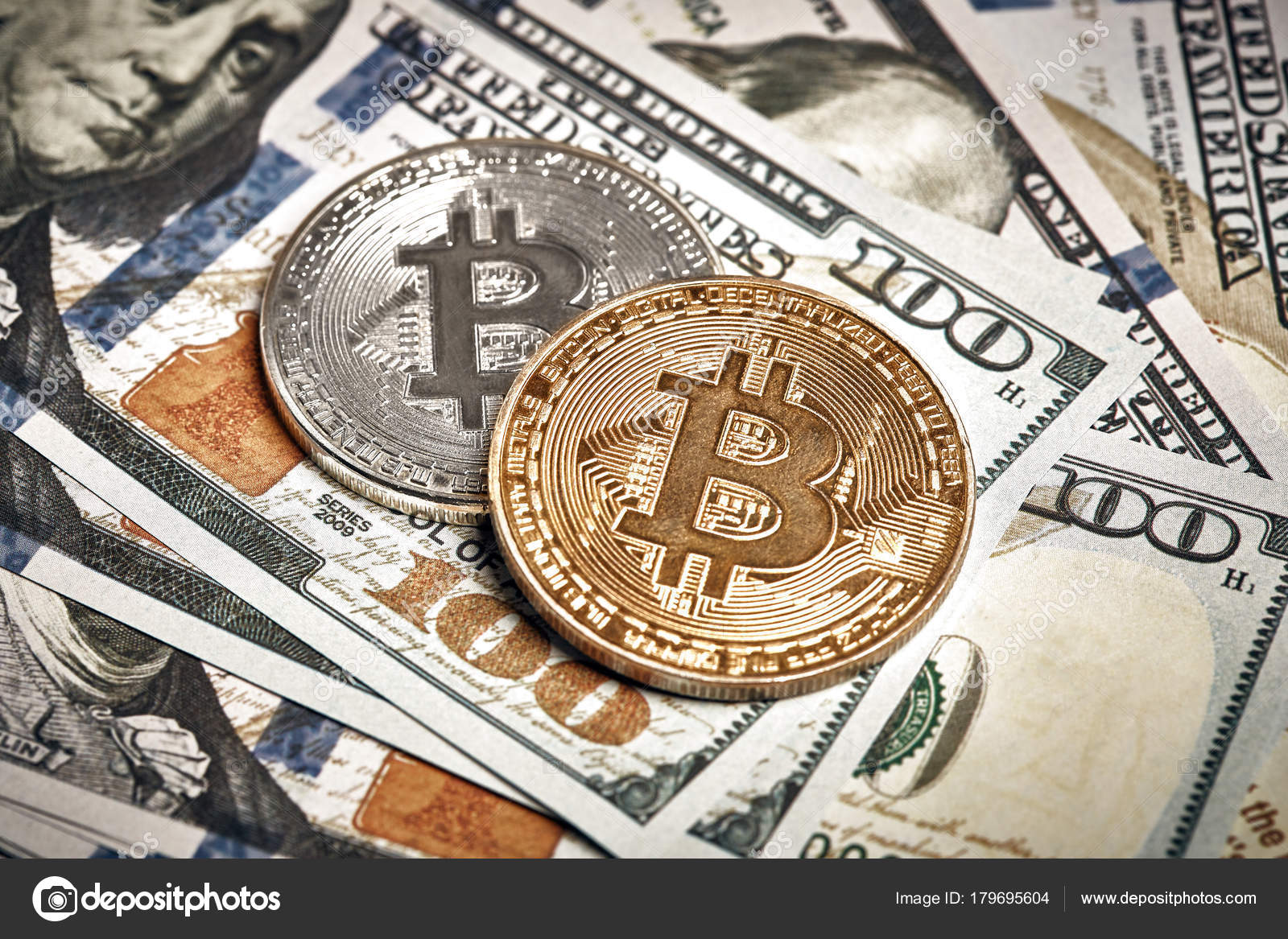A Symbolic Coins Of Bitcoin On Banknotes Of One Hundred Dollars - 