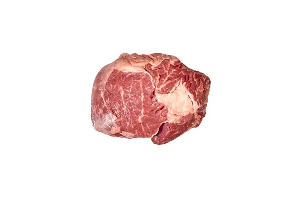 Steak de bœuf cru frais isolé sur fond blanc, vue de dessus. — Photo