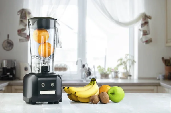 Misturador, frutas e espaço de cozinha — Fotografia de Stock