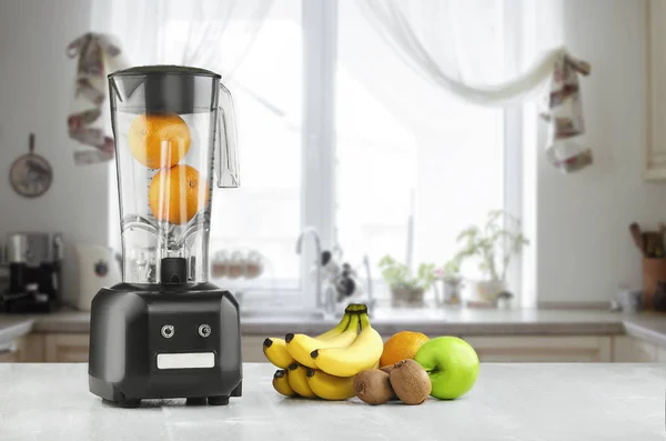 Misturador, frutas e espaço de cozinha — Fotografia de Stock