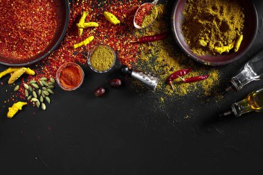 Egzotik baharat karışımı - baharat, otlar, koyu arka plan üzerinde toz üstten görünüm. Pişirme ve baharatlı gıda kavramı. Kopya alanı