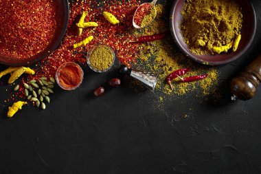 Egzotik baharat karışımı - baharat, otlar, koyu arka plan üzerinde toz üstten görünüm. Pişirme ve baharatlı gıda kavramı. Kopya alanı