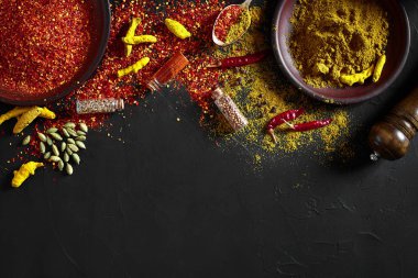 Egzotik baharat karışımı - baharat, otlar, koyu arka plan üzerinde toz üstten görünüm. Pişirme ve baharatlı gıda kavramı. Kopya alanı