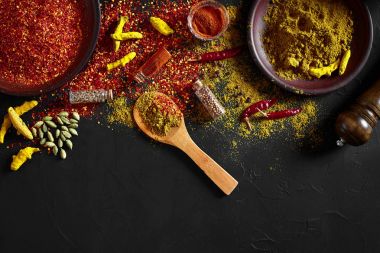 Egzotik baharat karışımı - baharat, otlar, koyu arka plan üzerinde toz üstten görünüm. Pişirme ve baharatlı gıda kavramı. Kopya alanı