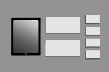 Siyah beyaz ve gri renk mock-up örneği, marka kimliği üzerinde gri bir arka plan için bir şablon. Zarflar, kağıt