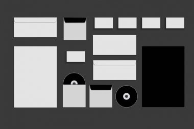 Siyah beyaz ve gri renk mock-up örneği, marka kimliği üzerinde gri bir arka plan için bir şablon. Zarflar, kağıt