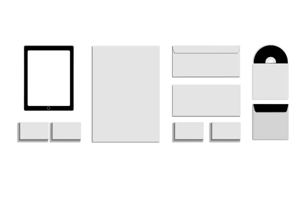 Una maqueta de papelería de color blanco y gris negro, una plantilla para la identificación de la marca sobre un fondo blanco. Sobres, hojas de papel — Foto de Stock