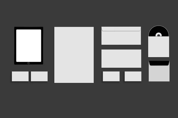 Siyah beyaz ve gri renk mock-up örneği, marka kimliği üzerinde gri bir arka plan için bir şablon. Zarflar, kağıt — Stok fotoğraf