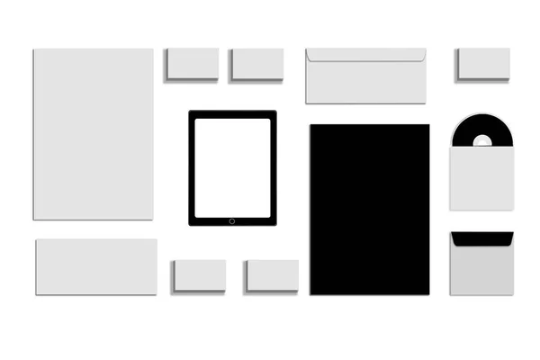 ブラック ホワイトとグレーは色、白い背景の上のブランド識別のためのテンプレートのひな形のモックアップです。封筒、紙のシート — ストック写真