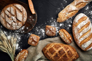 Ev yapımı çavdar ekmeği un ve çeşitli tahıl ve tohum spikelets buğday veya çavdar ve yulaf siyah bir zemin üzerine serpilir.