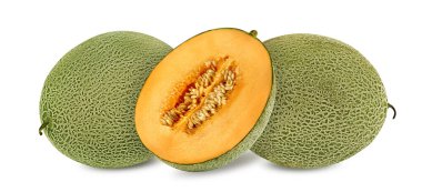 Delicious cantaloupe melon in a cross-section, isolated on white background with copy space for text or images. Side view. Close-up shot. clipart