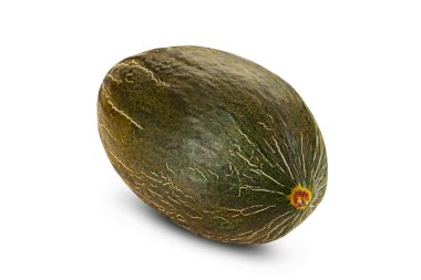 Beyaz arkaplanda izole edilmiş yeşil tendral kavun metin veya resimler için kopyalama alanı var. Yan görüş. Yakın çekim..