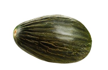 Beyaz arkaplanda izole edilmiş yeşil tendral kavun metin veya resimler için kopyalama alanı var. Yan görüş. Yakın çekim..