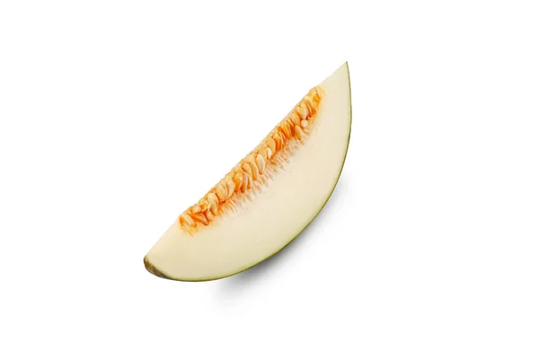 Slice of a delicious green tendral melon in cross-section, isolated on white background with copy space for text or images. Side view. Close-up shot. — Stock Photo, Image