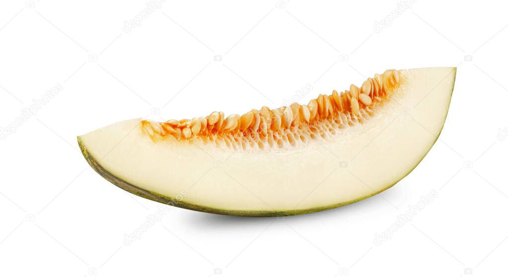 Slice of delicious green tendral melon in cross-section, isolated on white background with copy space for text or images. Side view. Close-up shot.