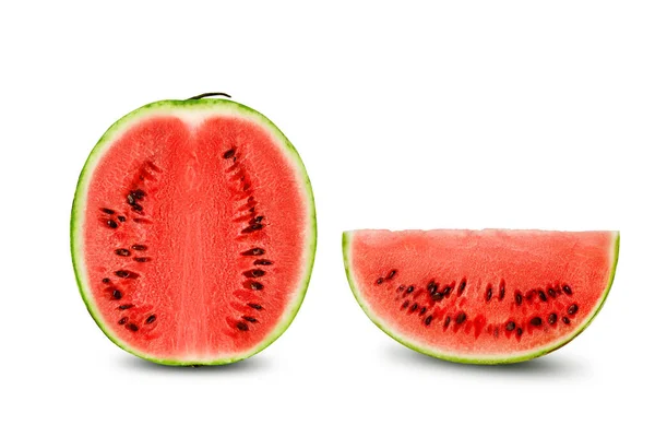 Green, striped watermelon with slice isolated on white, copy space for text, images. Cross-section. Berry with pink flesh, black seeds. Close-up. — Stock Photo, Image