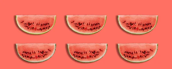 Six slices of watermelon, pink background with copy space for text, images. Cross-section. Berry with red flesh, black seeds. Side view. Close-up. — Stock Photo, Image